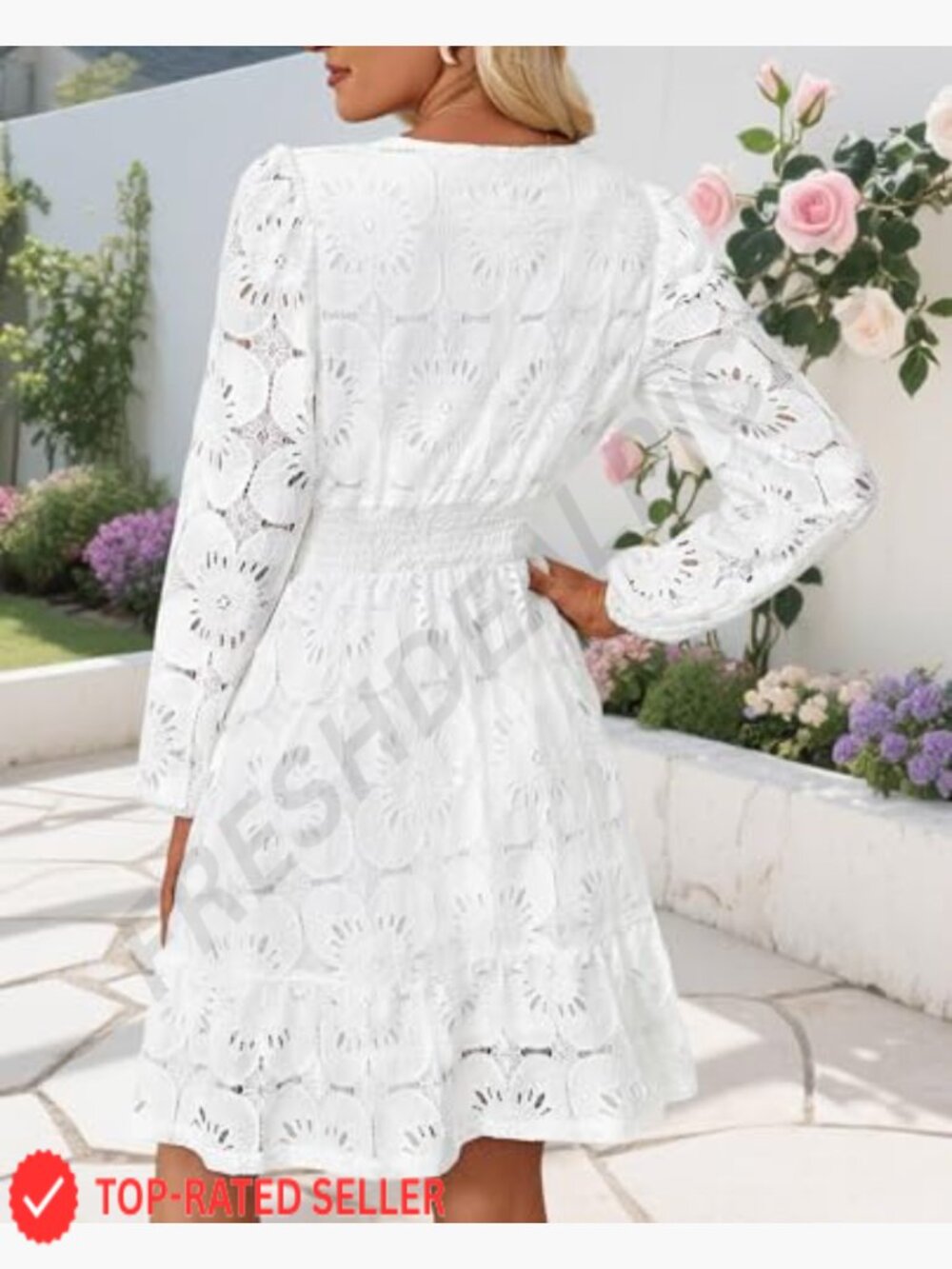 Puff Sleeve Floral Mini Dress Vintage Elegant Lace Eyelet Embroidered A-Line - Picture 4 of 7